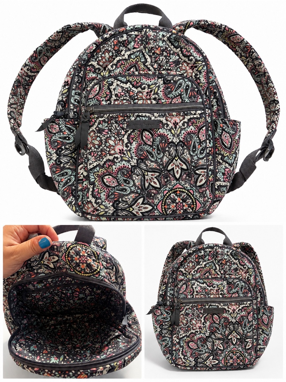 Vera Bradley Floral Paisley Mini Backpack - Black, Pink & Mint